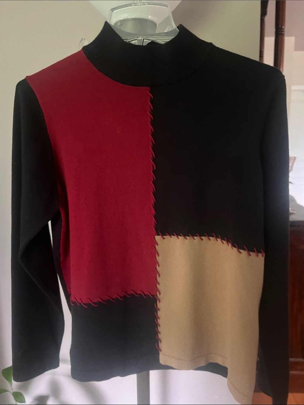 Vintage 90’s Colorblock Cowl-Neck Sweater in Black, Burgundy & Tan